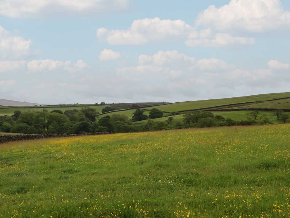 A field with flowers and trees on hills at The Journeyman Luxury Shepherds Hut Barnoldswick