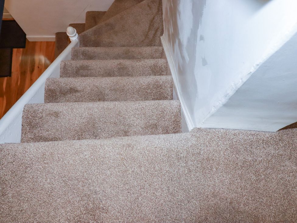 Stairs with carpet in a staircase at Vi’s Valley View Pentewan