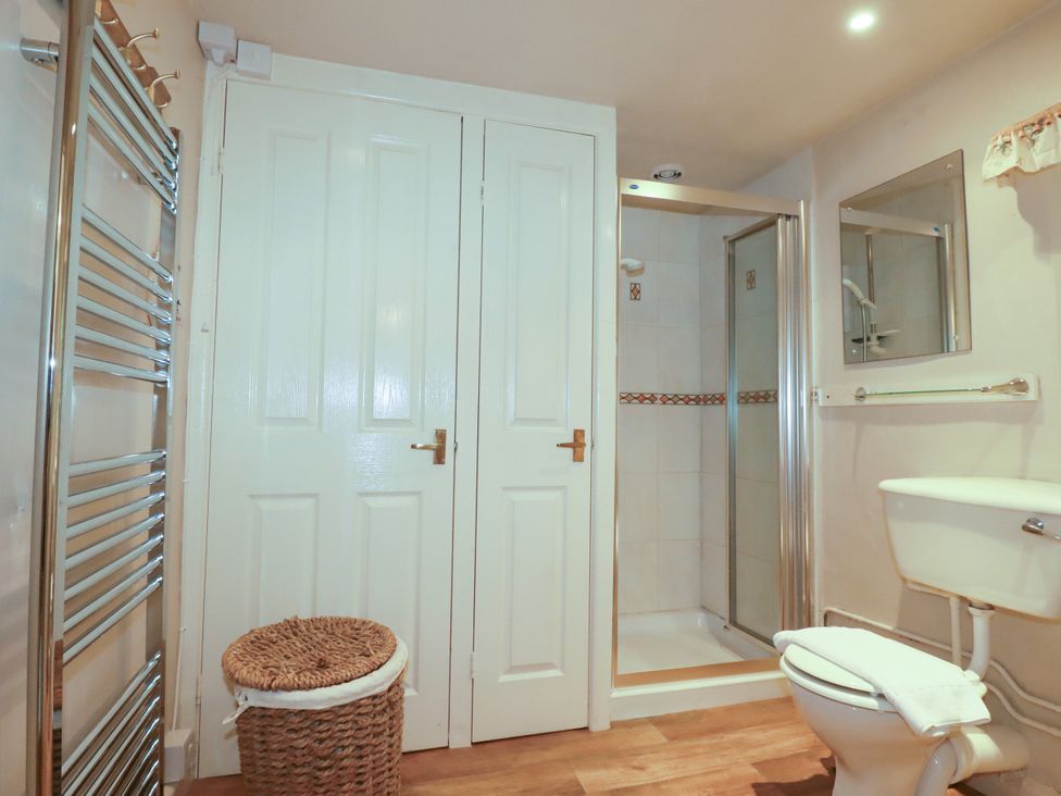 A bathroom with a shower and toilet at Vi’s Valley View in Pentewan