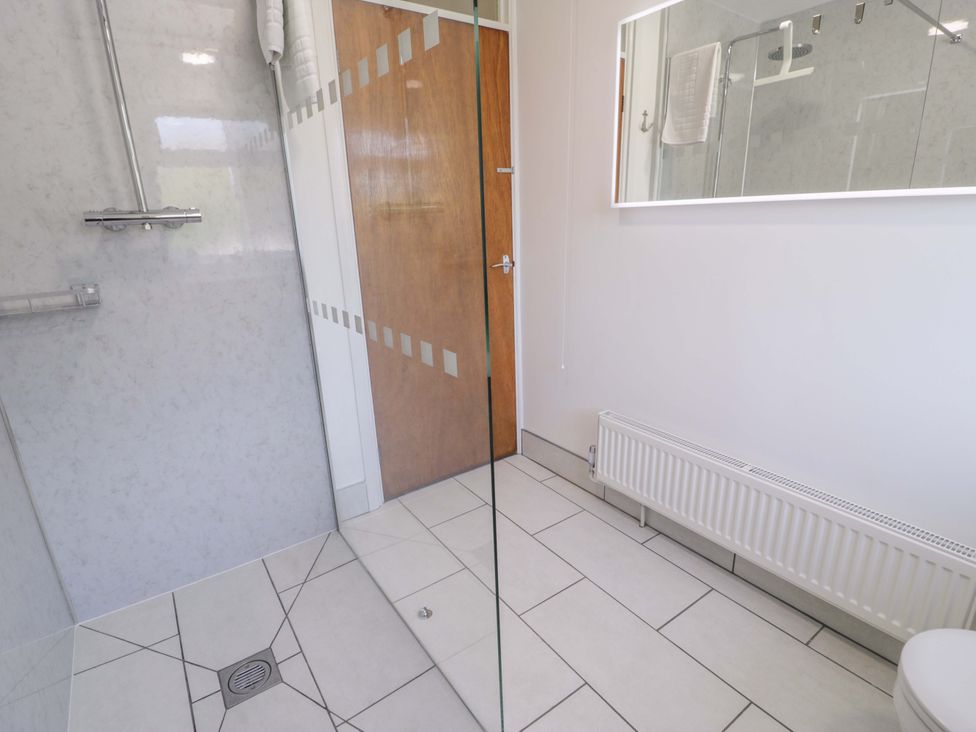 A bathroom with a shower and toilet at Trem Y Foel in Penrhyndeudraeth