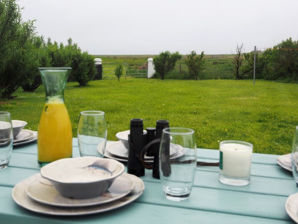 An outdoor table set with plates glasses a pitcher of orange juice and binoculars overlooking a grassy yard with bushes and a gate at Corncrake Cottage SU in Daliburgh