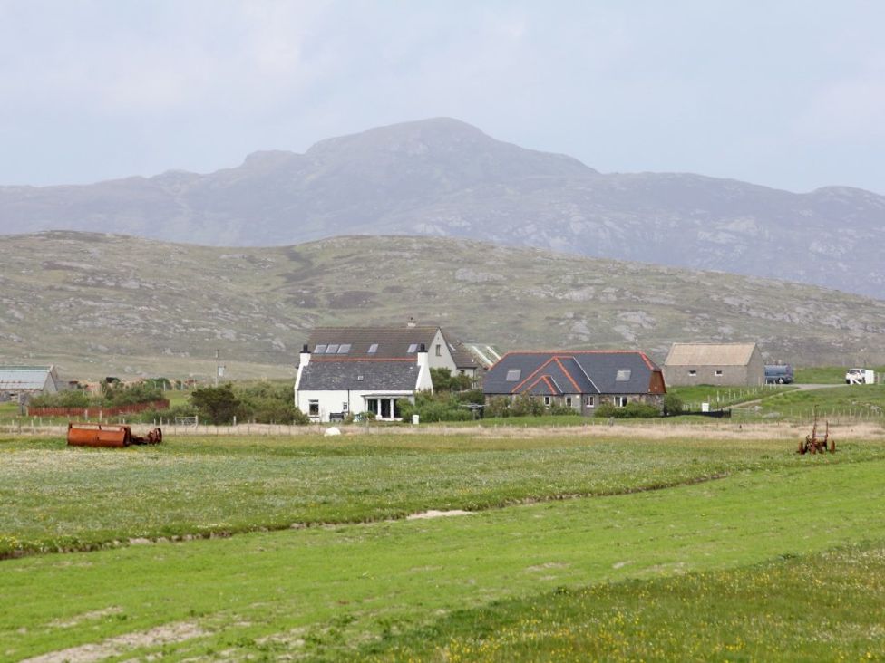Houses and farm buildings on grassy land with a mountain in the background at Corncrake Cottage SU in Daliburgh