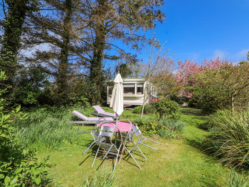A garden with a caravan and seating area at Fron Dderw Caravan Llanfairynghornwy near Llanfechell