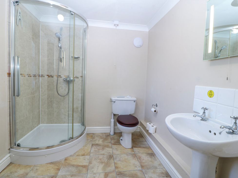 A bathroom with a shower, toilet, and sink at Bronfa in Tregarth