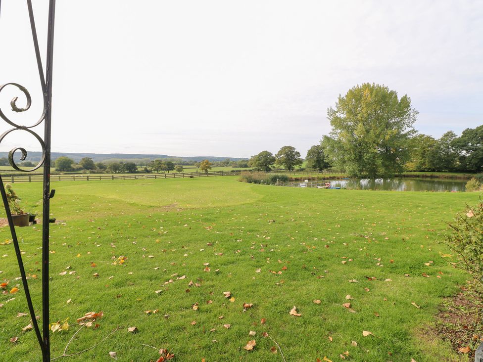 A grassy outdoor area with a pond and trees at Far Coley Farm and Kilnhurst Log Cabin in Great Haywood