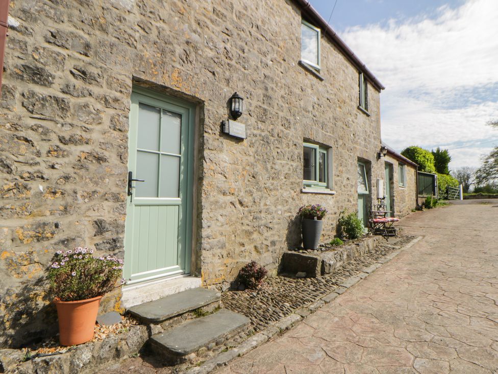 An outdoor area with a green door and stone wall at Swallows Retreat in Tenby