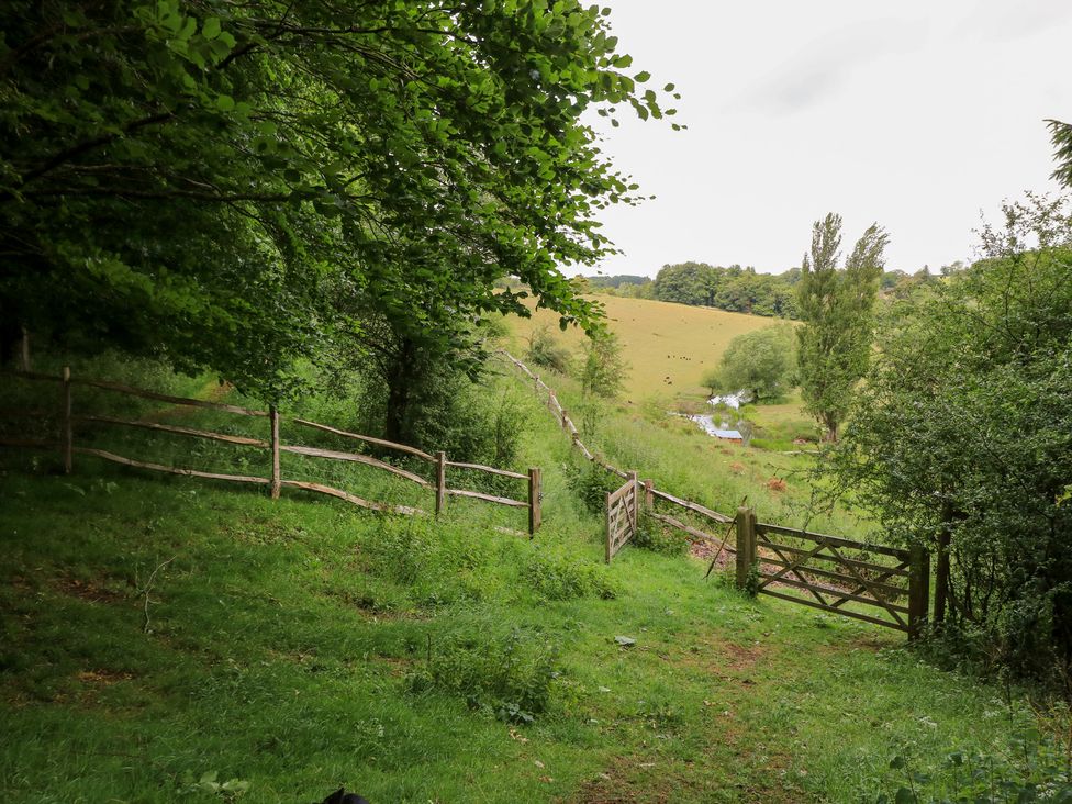 A pathway through trees with a gate and fence at Pudding Hill Barn Cottage Bibury