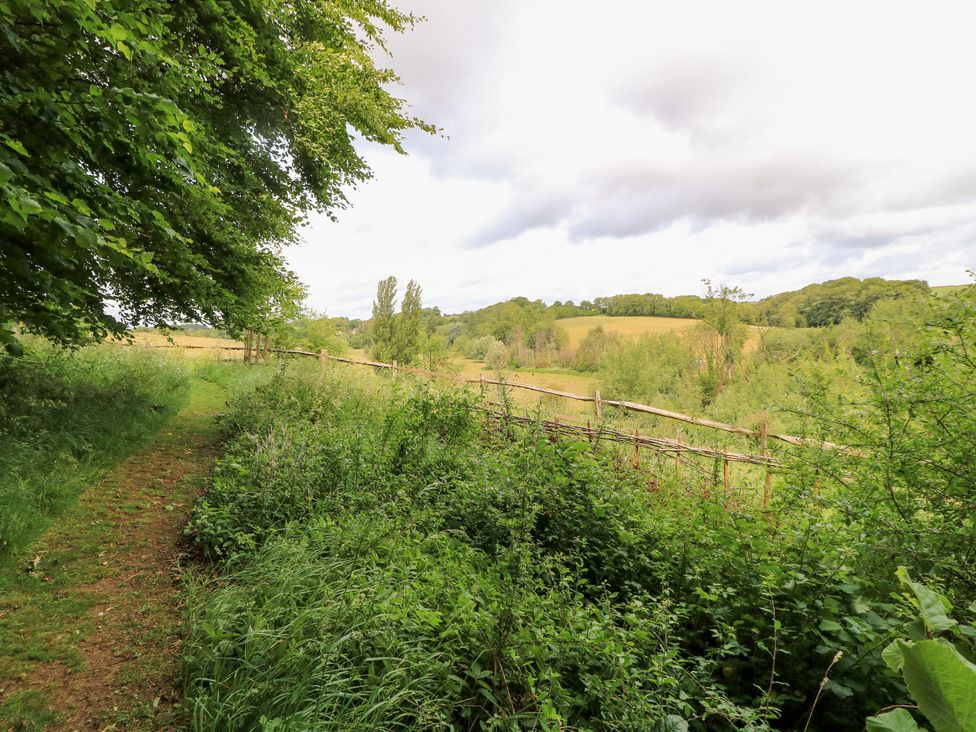 A path leading through greenery with a fence in the background at Pudding Hill Barn Cottage, Bibury