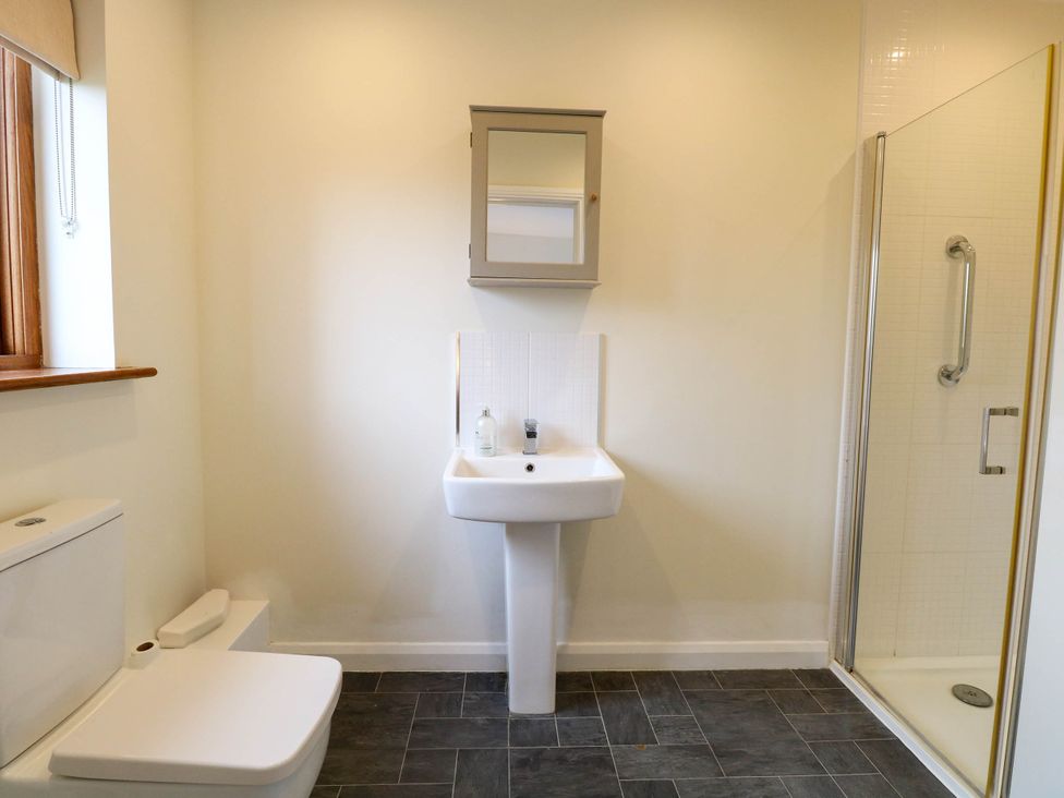 A bathroom with a toilet, sink, and shower at The Mulberry, nr Bungay Bungay