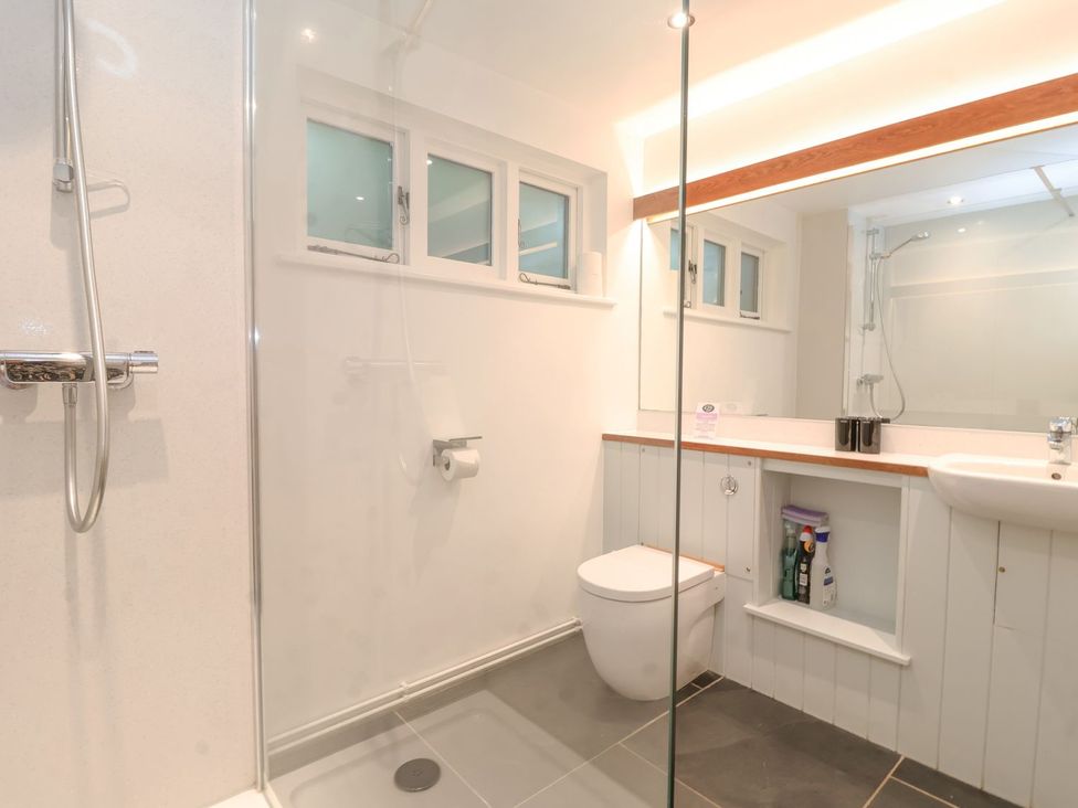 A bathroom with a shower, toilet, and sink at Yew Tree Farm Barn and Stable in Framlingham