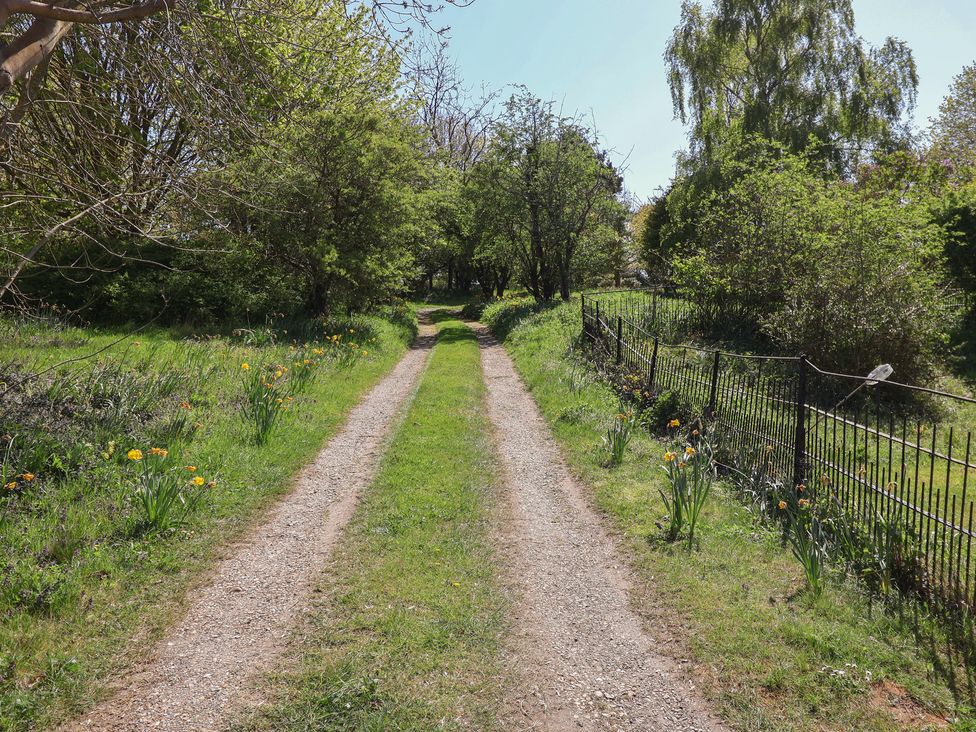 A pathway lined with grass and trees at The Cart House Sudbourne Near Orford