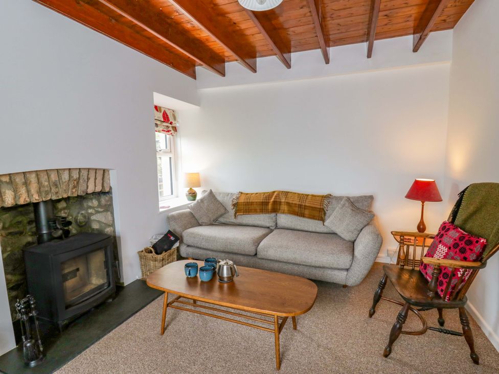 A living room with a sofa, table, and fireplace at Ceunant near Newport