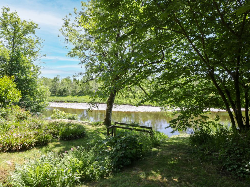 A view of a river surrounded by trees and bushes at Nithbank Cottage in 