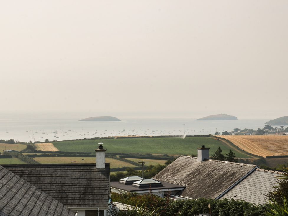 A view of islands and fields from a house at Trem Ynys in Mynytho near Abersoch