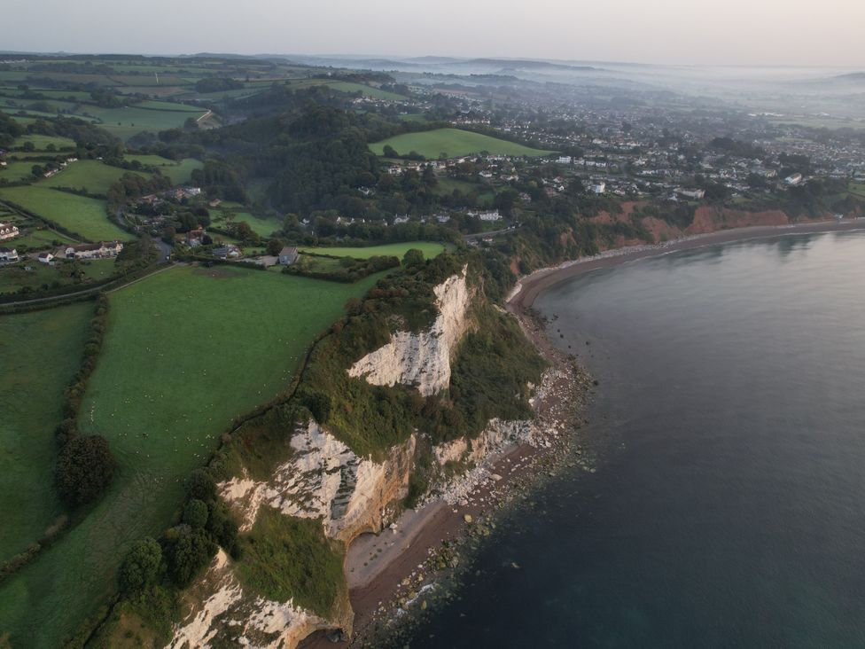 A coastal landscape with white cliffs green fields and houses near the shore at The Beach House in Beer