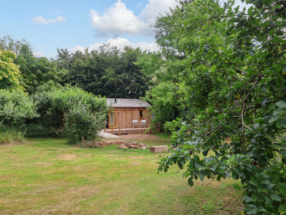 A garden with a wooden cabin and surrounding trees at Brambly Cabin Crediton