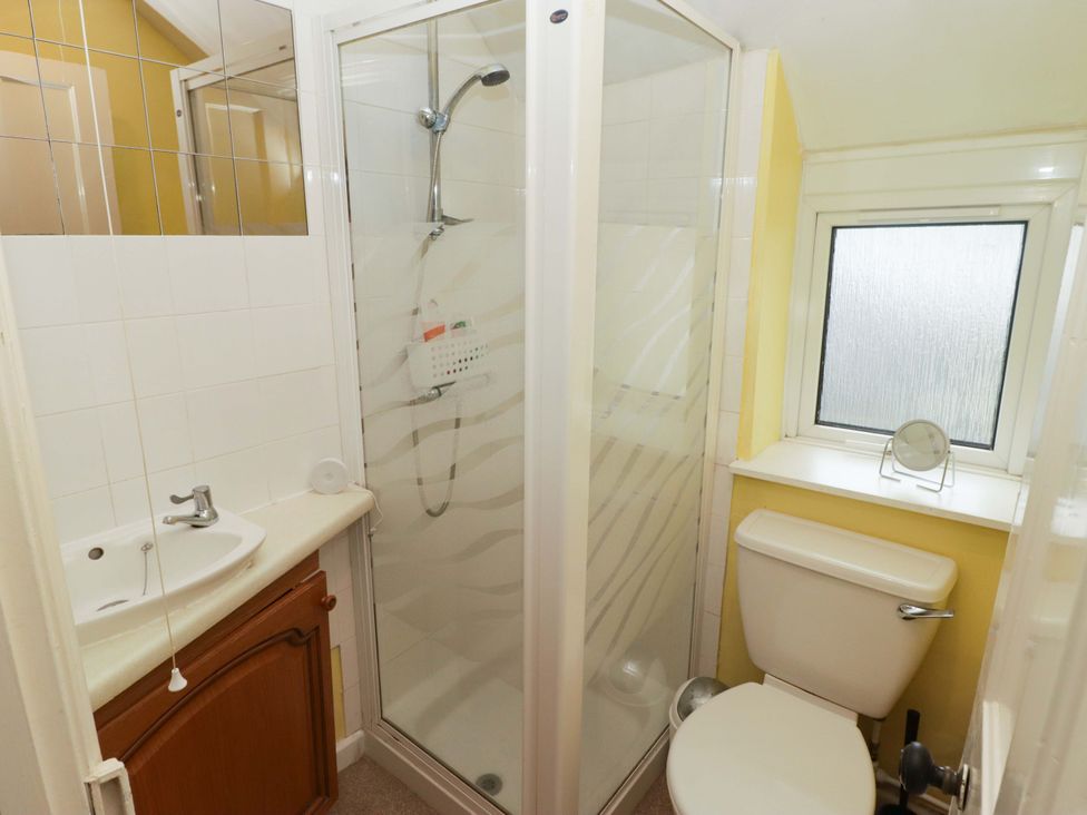 A bathroom with a shower, toilet, and sink at Gwylan Maisonette in Tenby