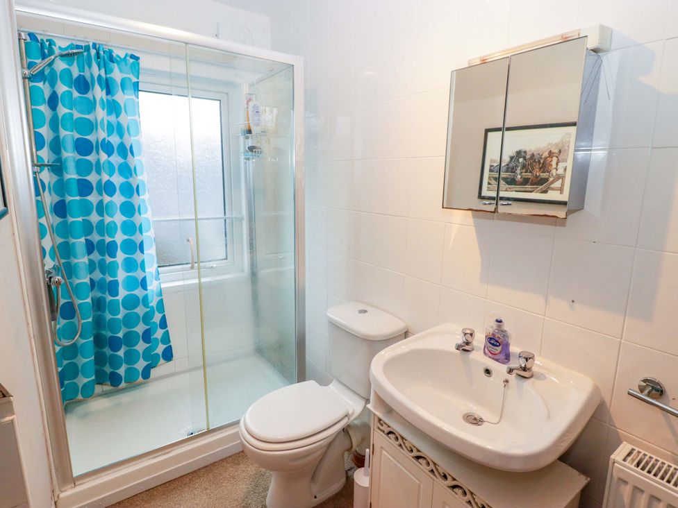 A bathroom with shower, toilet, and sink at Gwylan Maisonette in Tenby