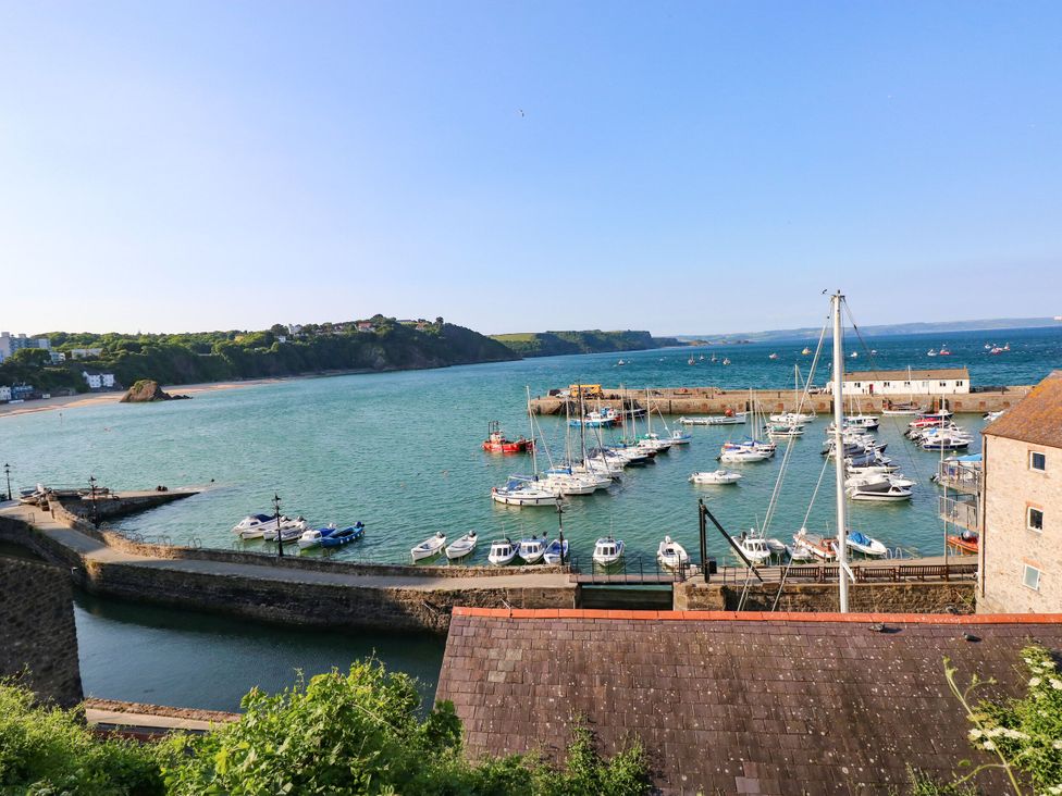A marina with boats and a shoreline at Gwylan Maisonette in Tenby
