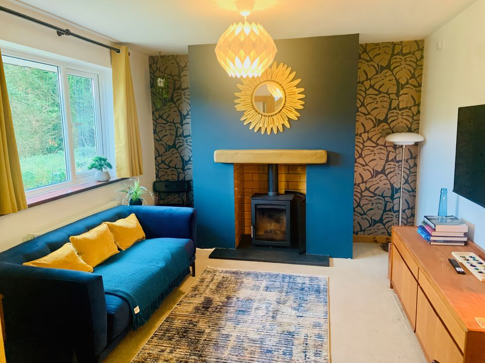 A living room with a fireplace and sofa at Hillsview in Combe Martin
