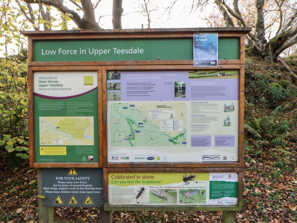 An information board with maps and safety instructions at Low Force in Upper Teesdale