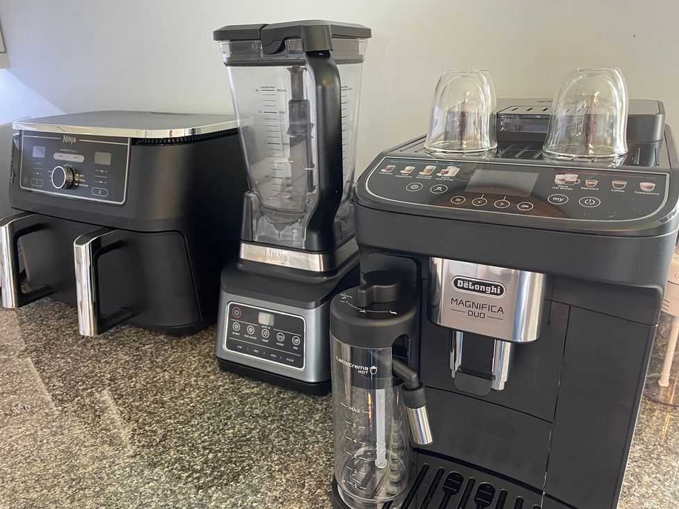 Kitchen appliances including Ninja air fryer, blender and DeLonghi coffee machine at Ashlea in Launceston