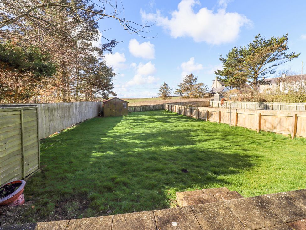 A fenced backyard with a grass lawn a wooden shed and trees at St Marys Cottages No1 in Low Newton-by-the-Sea