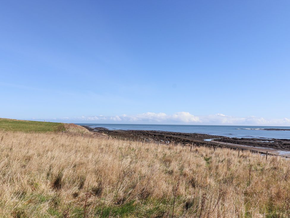 A coastal landscape with dry grass and rocky shoreline under a clear sky at St Marys Cottages No1 in Low Newton-by-the-Sea