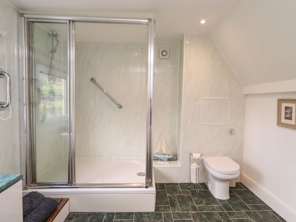 A bathroom featuring a shower and toilet at Coble Cottage in Craster