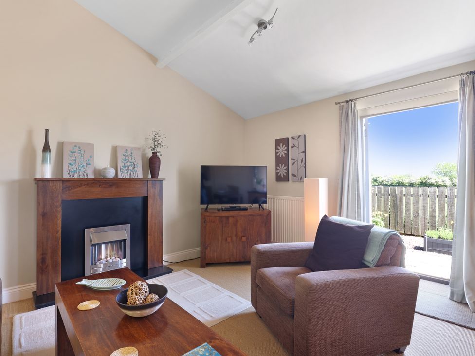 A living room with a fireplace and television at Plumtree Cottage in Alnmouth