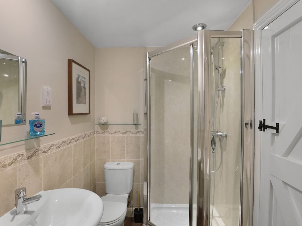 A bathroom with a shower, toilet, and sink at Plumtree Cottage in Alnmouth
