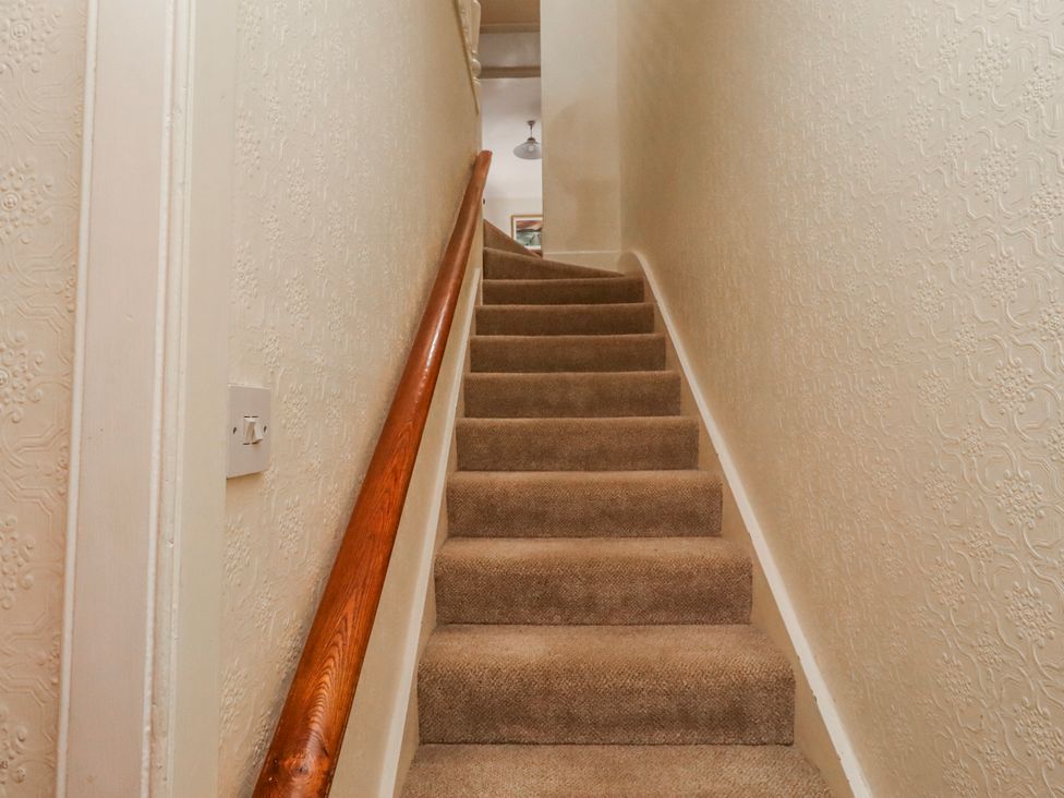 A staircase with carpet and a handrail at Hardys House in Alnwick
