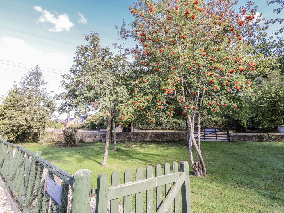 A garden with trees and a gate at Rosefinch in Lucker