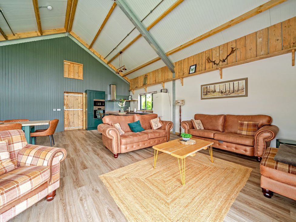 A living room with furniture and kitchen area at Bwncath Garthmyl
