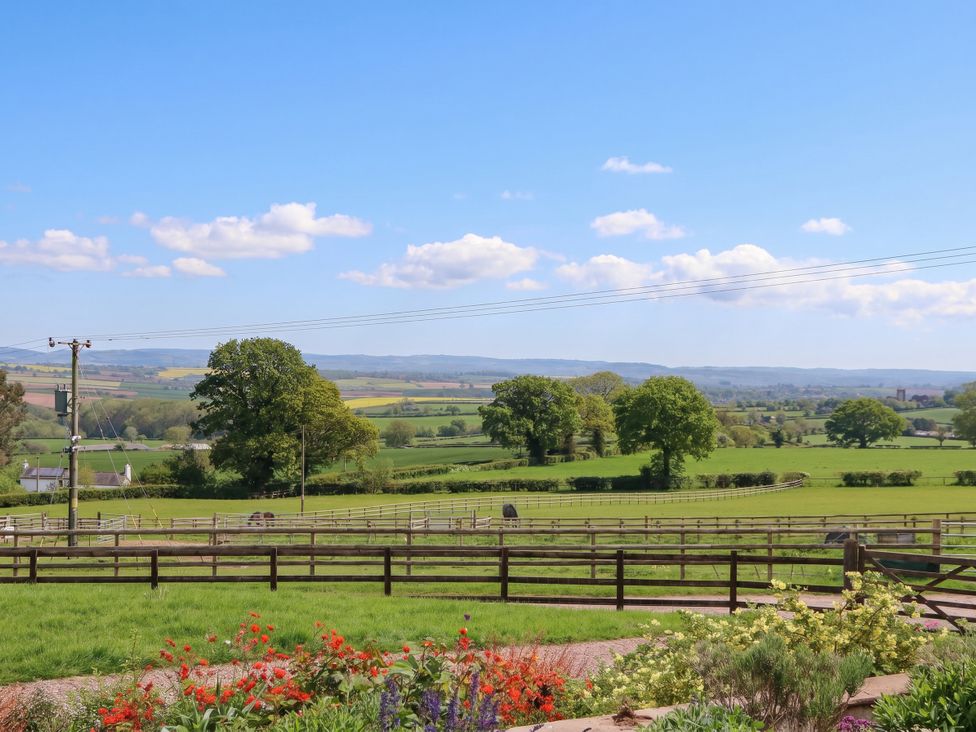 A view of a rural landscape with trees and a fence at Palace Studio in St Weonards