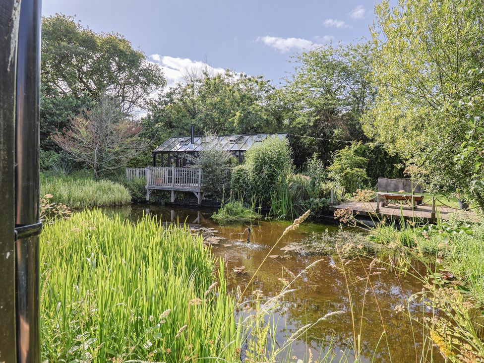 A garden with a pond and a shed at The Bull Pen Colyton