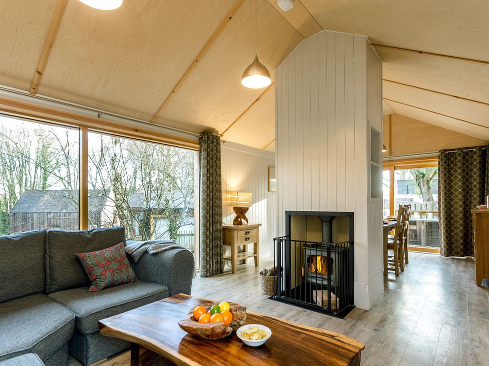 A living room with a sofa, fireplace, and wooden coffee table at Lodge 14 Corfe Castle