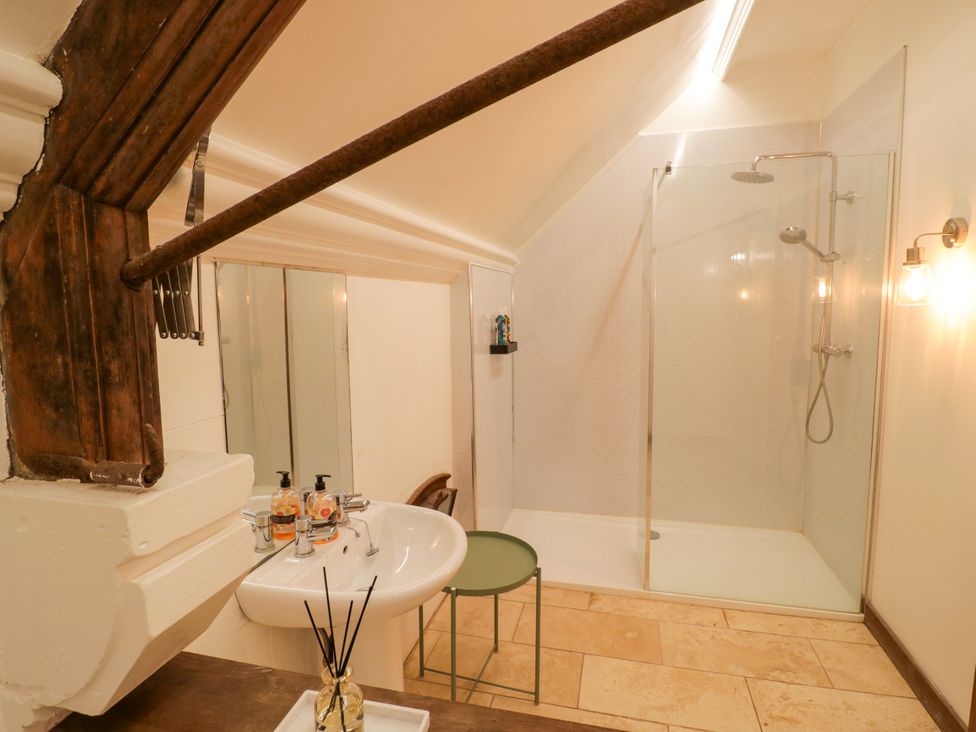 A bathroom with sink and shower at Chetwynd Lodge Ingestre near Great Haywood