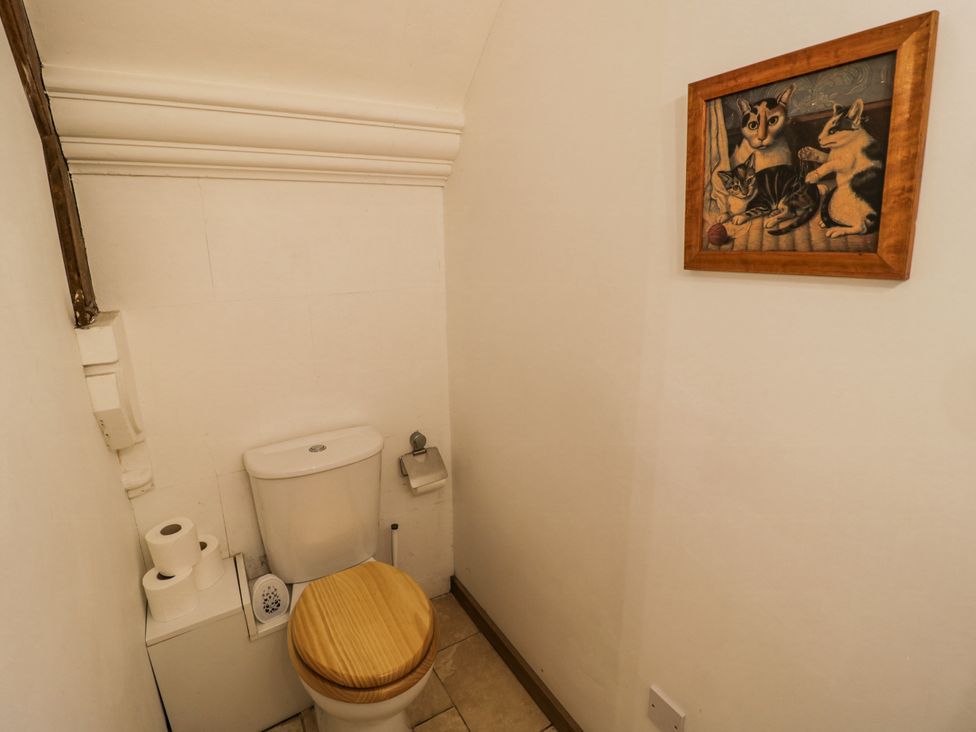 A bathroom with a toilet and wall art at Talbot Lodge Ingestre near Great Haywood