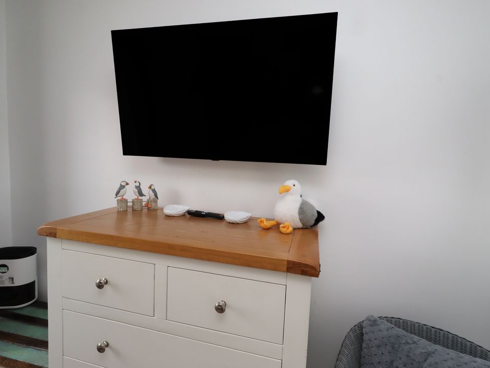 A living room with a television on a chest of drawers at 22 Longstone Park Beadnell