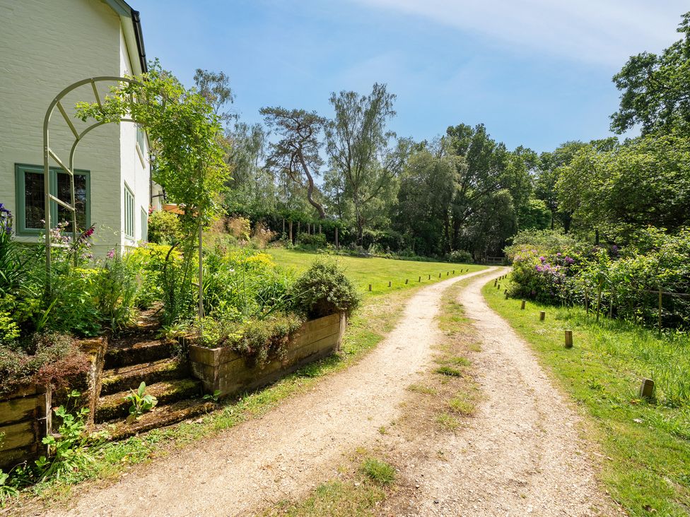 A garden area with a pathway leading to a house at Primrose Spinney in Highwood near Ringwood