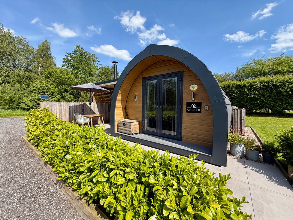 A cabin entrance with greenery at Oh Deer in Ashbourne