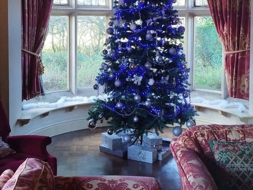 A living room with a Christmas tree and a sofa at Highcliffe Manor in Flamborough