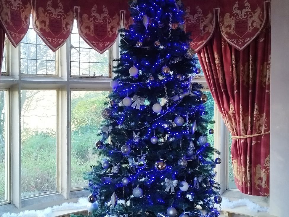A Christmas tree with blue lights and ornaments at Highcliffe Manor in Flamborough