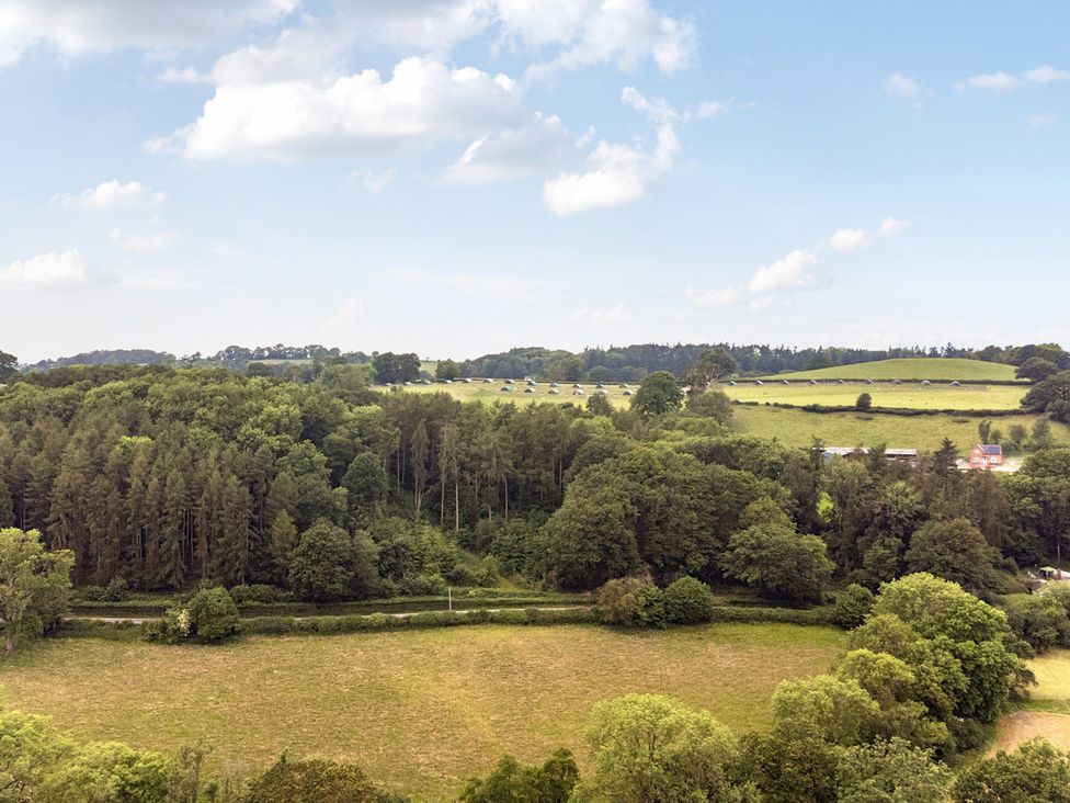 A view of trees and fields with a road at Barcud Coch - Red Kite in Garthmyl