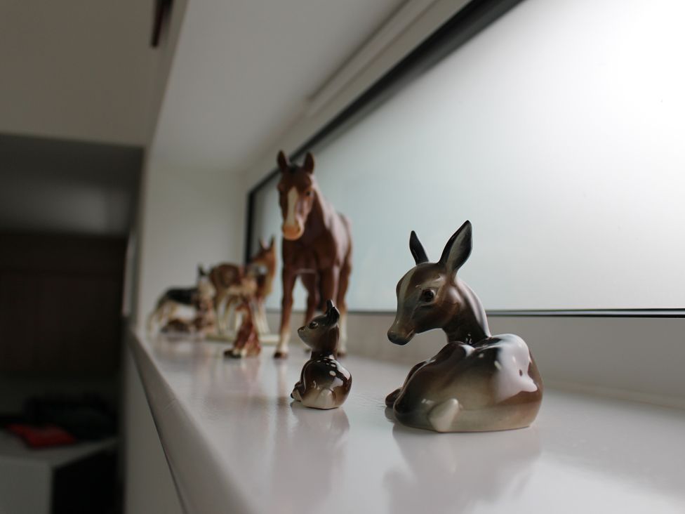 A display of animal figurines on a shelf at Narracott Down in South Molton