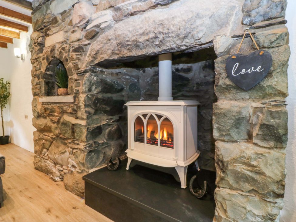 A living room featuring a fireplace and plant at Old Chapel House Abergwyngregyn near Llanfairfechan