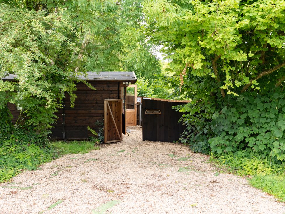 An outdoor area with a shed and a gate at Hazel in Blandford Forum