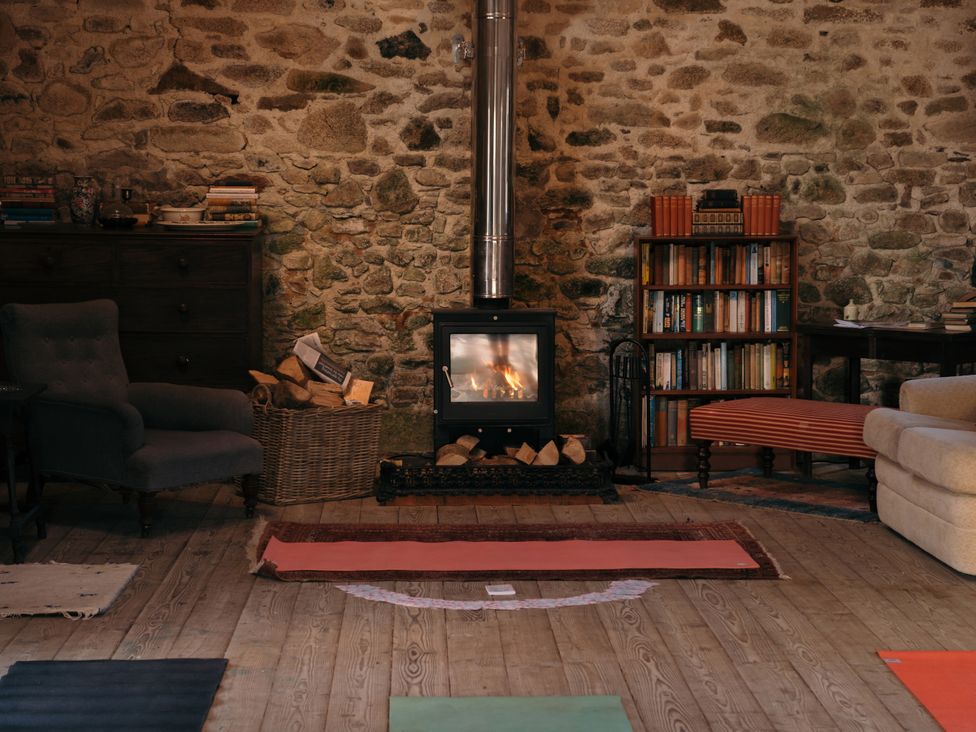 A living room with a stove and bookshelf at Treveddoe Farmhouse in Bodmin Moor