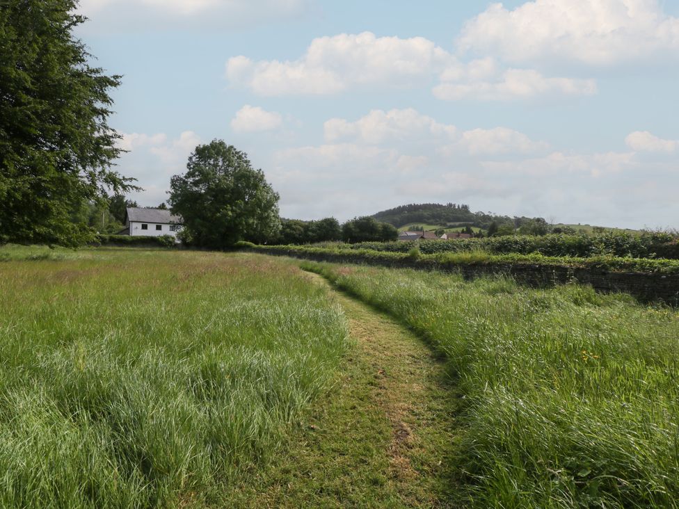 A pathway through grass with a house in the background at Evenjobb Court Farmhouse near Presteigne